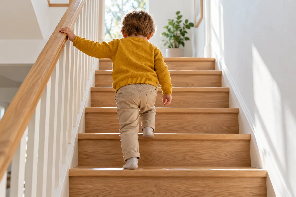 Jeune enfant vu de dos qui monte seul un escalier en bois clair en se tenant à la rampe