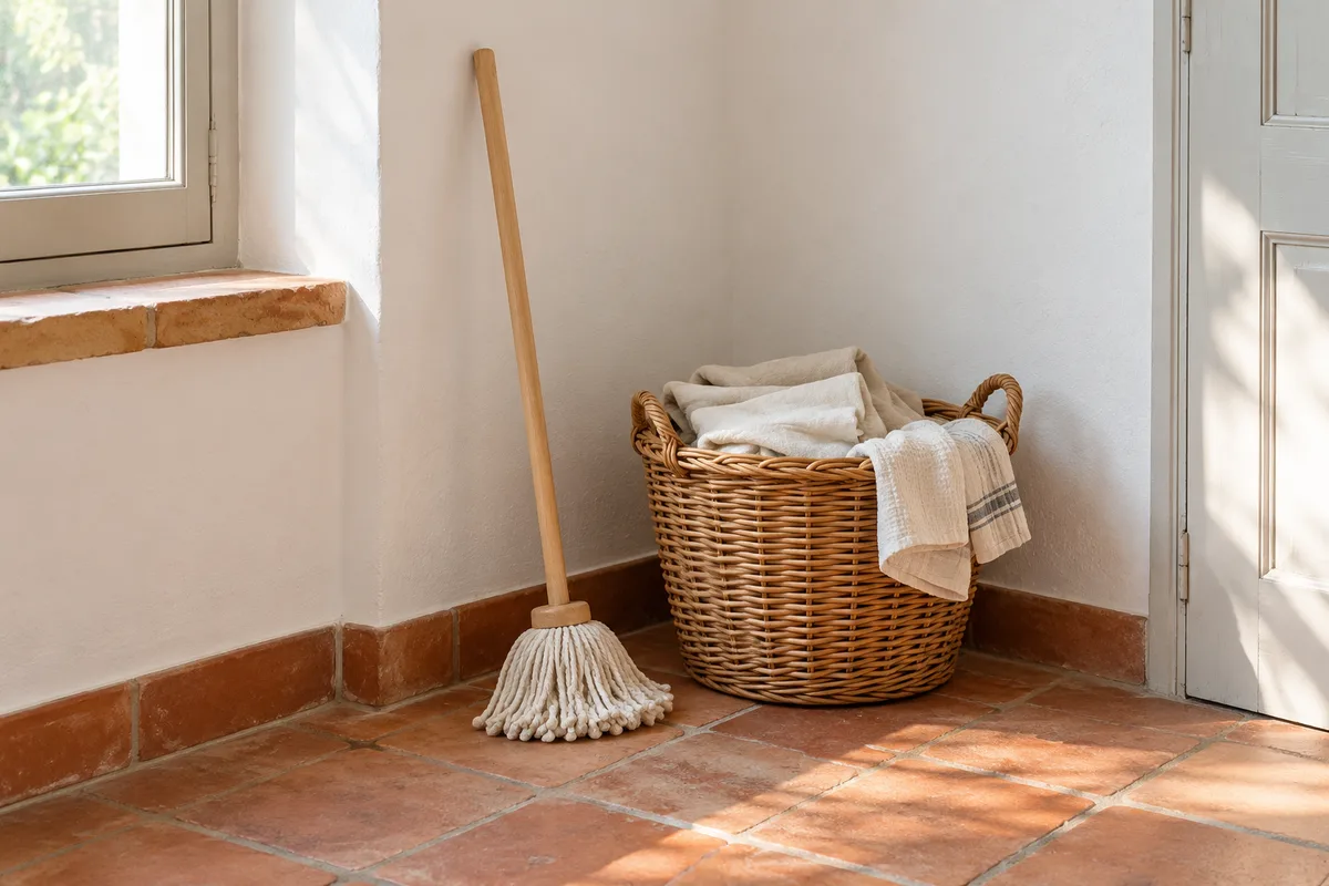 Petit balai serpillière à taille d&rsquo;enfant appuyé contre un mur blanc près d&rsquo;un panier de chiffons en coton