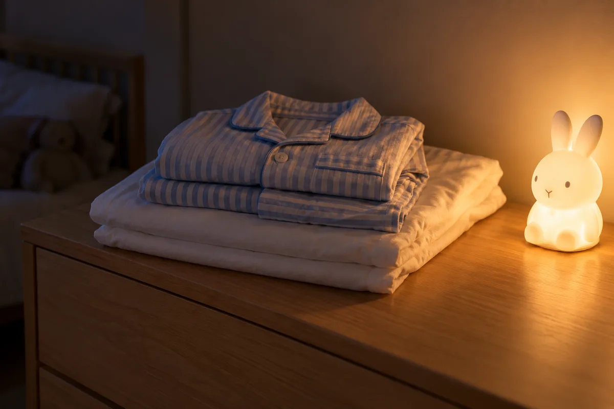 Pyjama d&rsquo;enfant rayé et draps blancs pliés sur une commode basse près d&rsquo;une veilleuse allumée