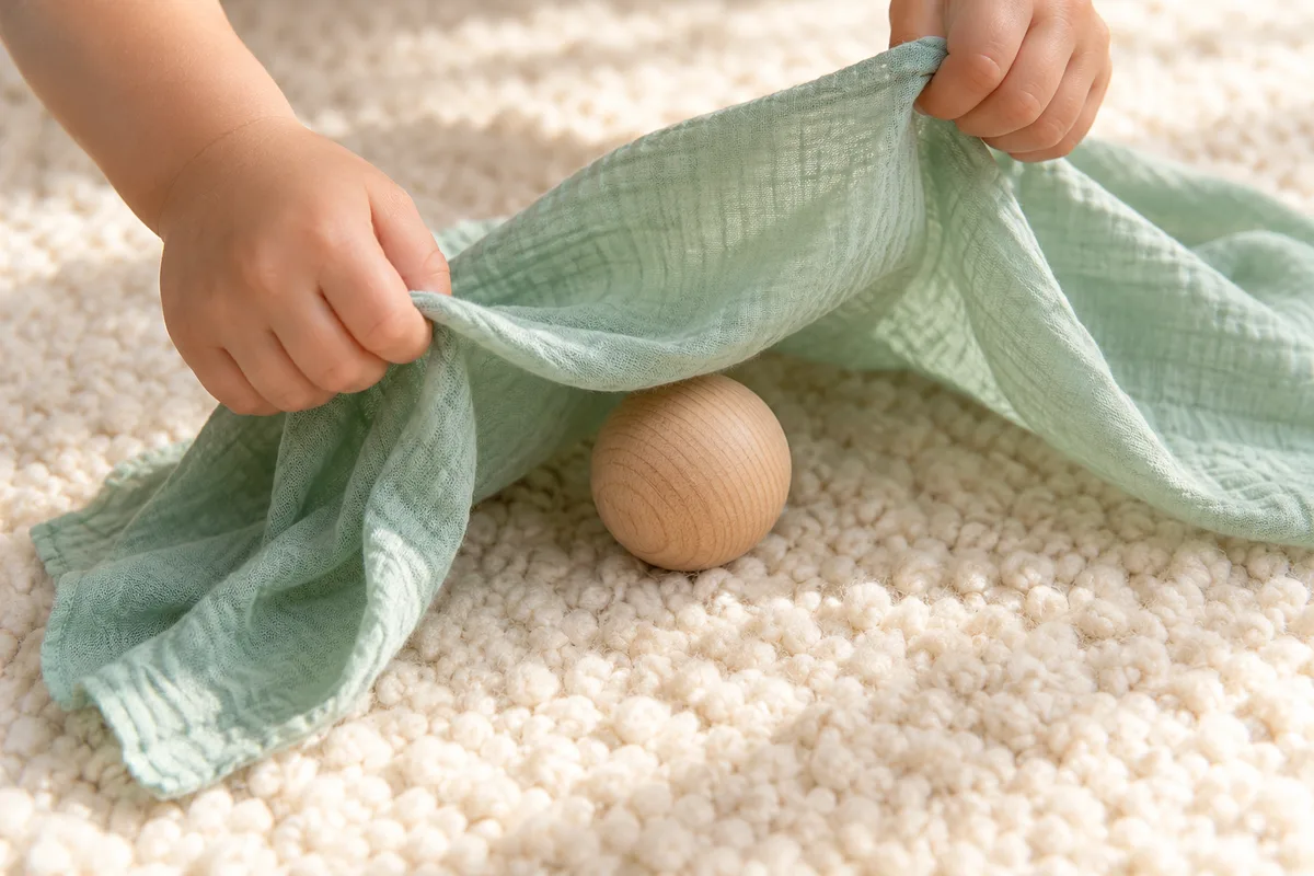 Petites mains d&rsquo;enfant qui soulèvent un foulard en mousseline et découvrent une balle en bois