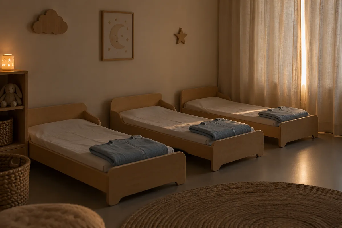 Salle de repos de crèche dans la pénombre avec trois petits lits bas en bois clair