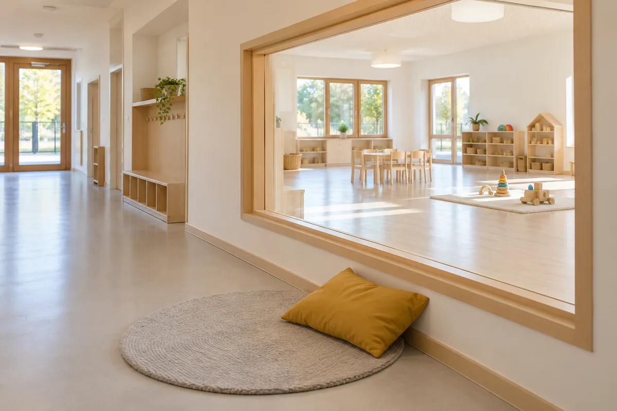 Couloir de crèche avec une fenêtre basse à hauteur d&rsquo;enfant, un tapis rond et un coussin