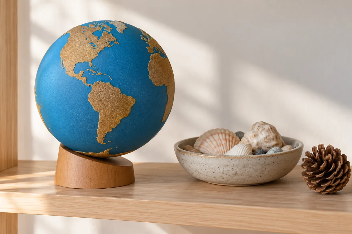 Petit globe Montessori aux continents en relief posé sur une étagère basse en bois clair, à côté d’une coupelle de coquillages