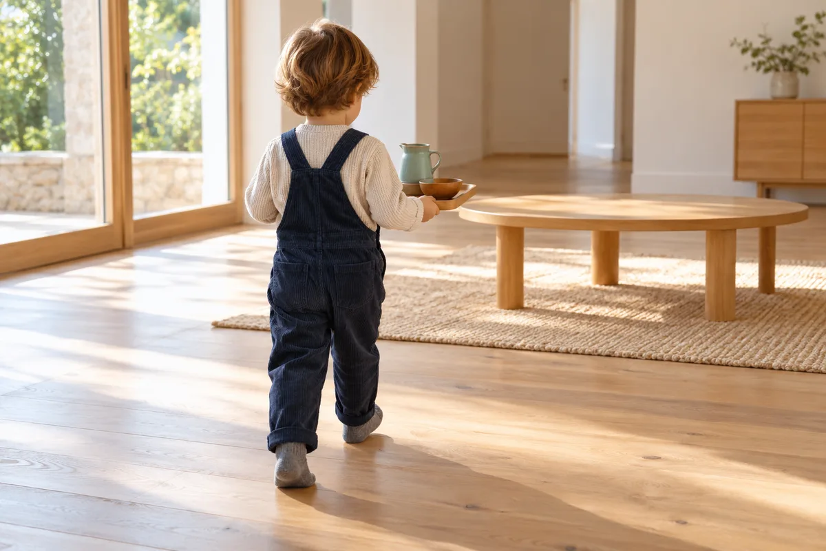 Enfant vu de dos portant à deux mains un plateau en bois vers une table basse, dans une salle lumineuse au parquet clair