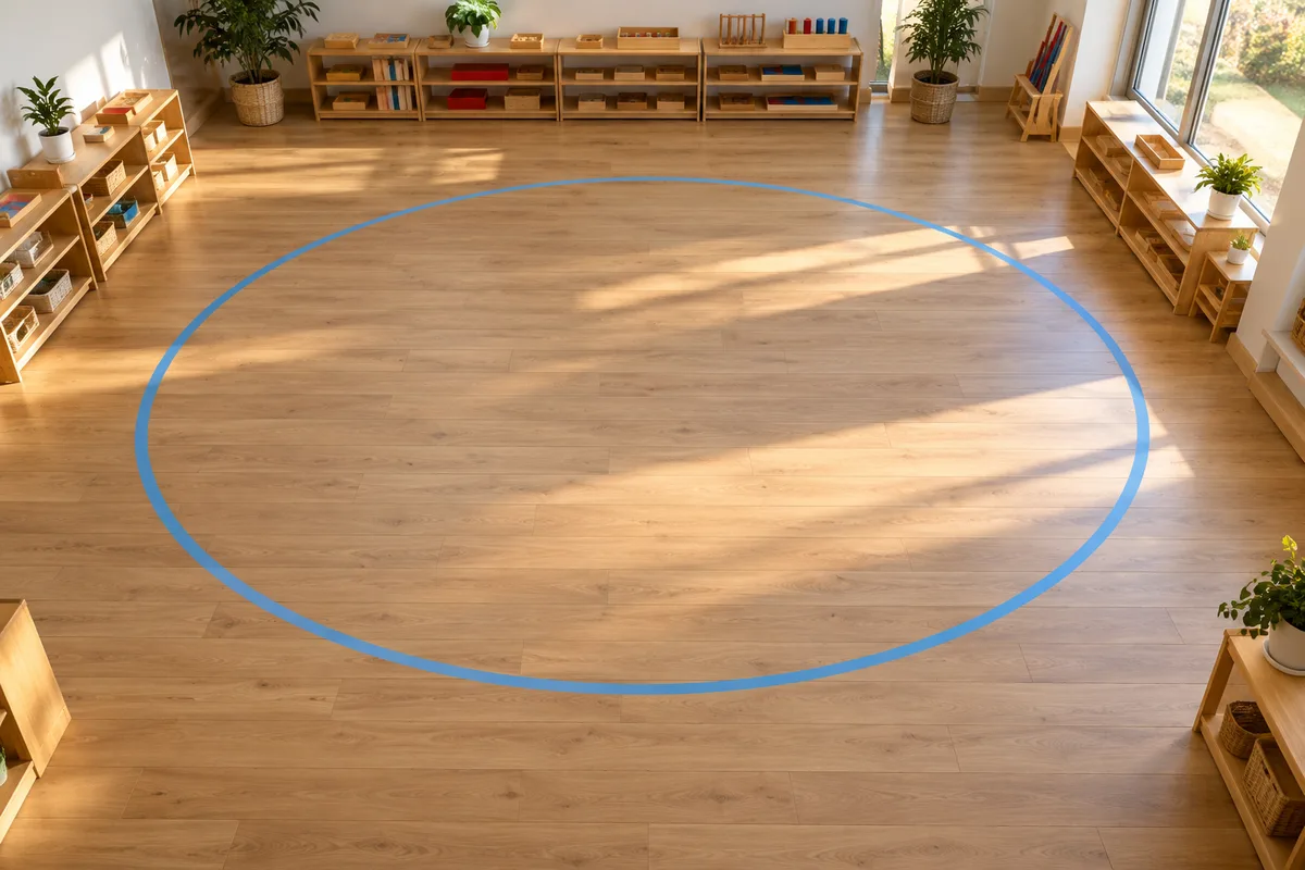 Ellipse tracée au sol sur le parquet clair d’une salle Montessori vide, entourée d’allées dégagées et de meubles bas en bois