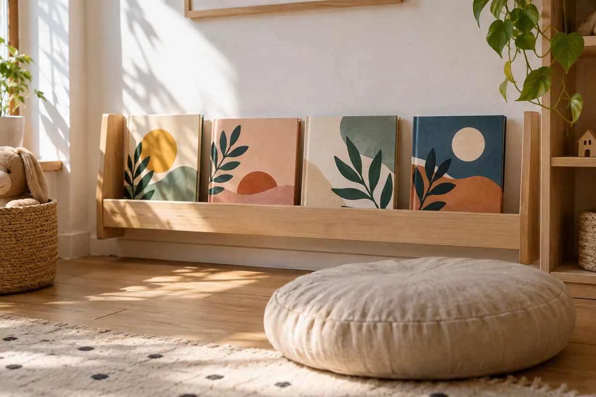 Étagère basse en bois clair présentant quelques albums de face à côté d&rsquo;un coussin de sol près d&rsquo;une fenêtre