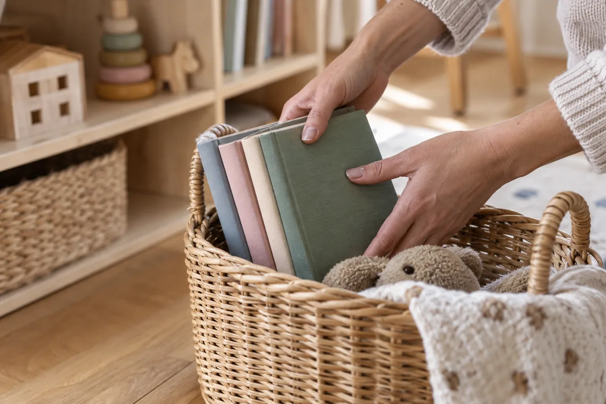 Mains d&rsquo;adulte rangeant quelques albums dans un panier en osier posé à côté d&rsquo;une étagère basse en bois