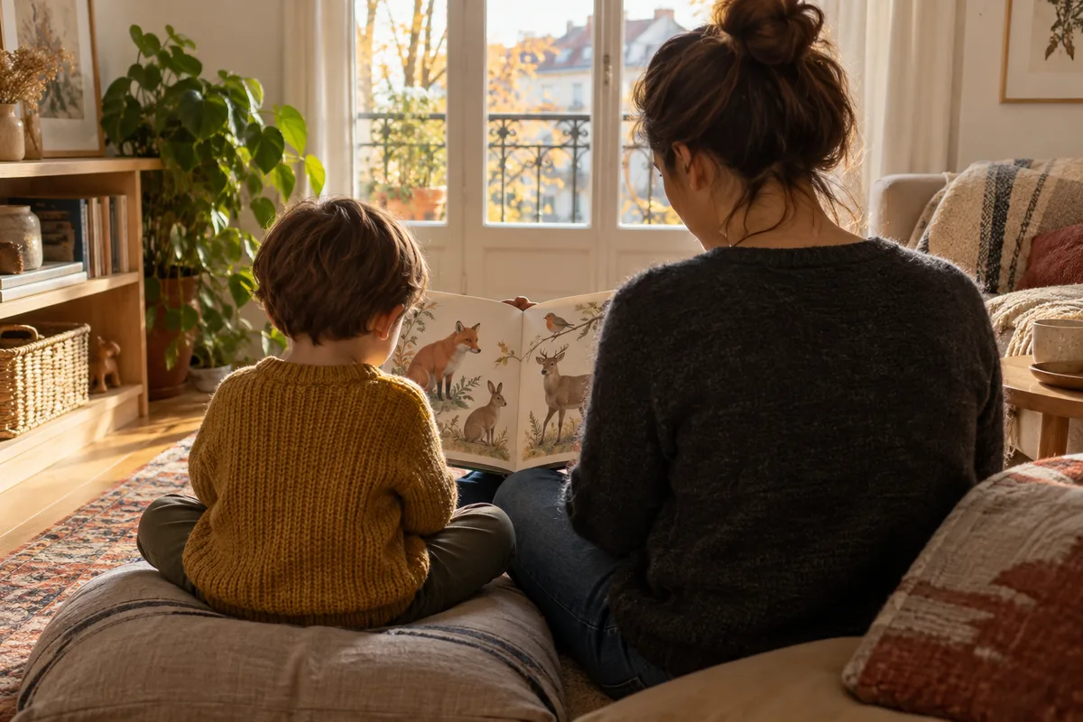 Enfant vu de dos assis sur un coussin de sol à côté d&rsquo;un adulte, un album ouvert sur les genoux, dans un coin lecture baigné de lumière naturelle