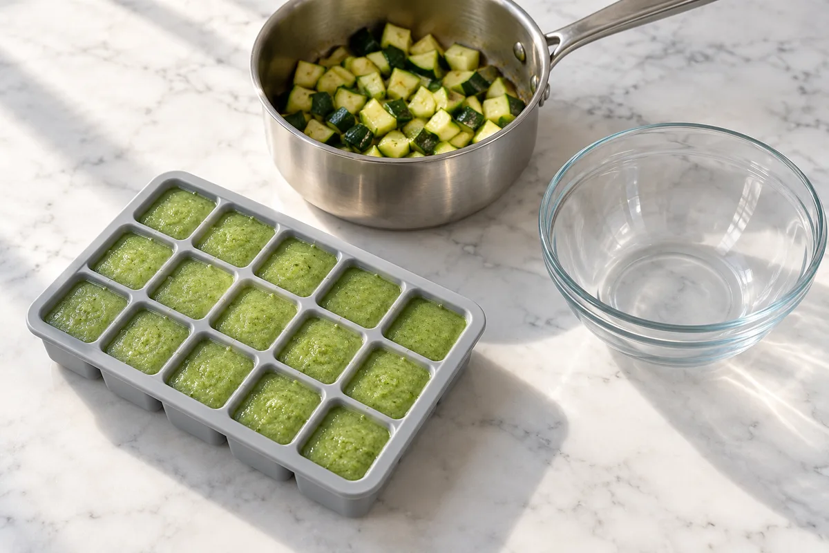 Bac à glaçons en silicone rempli de cubes de purée verte à côté d’une casserole de dés de courgette