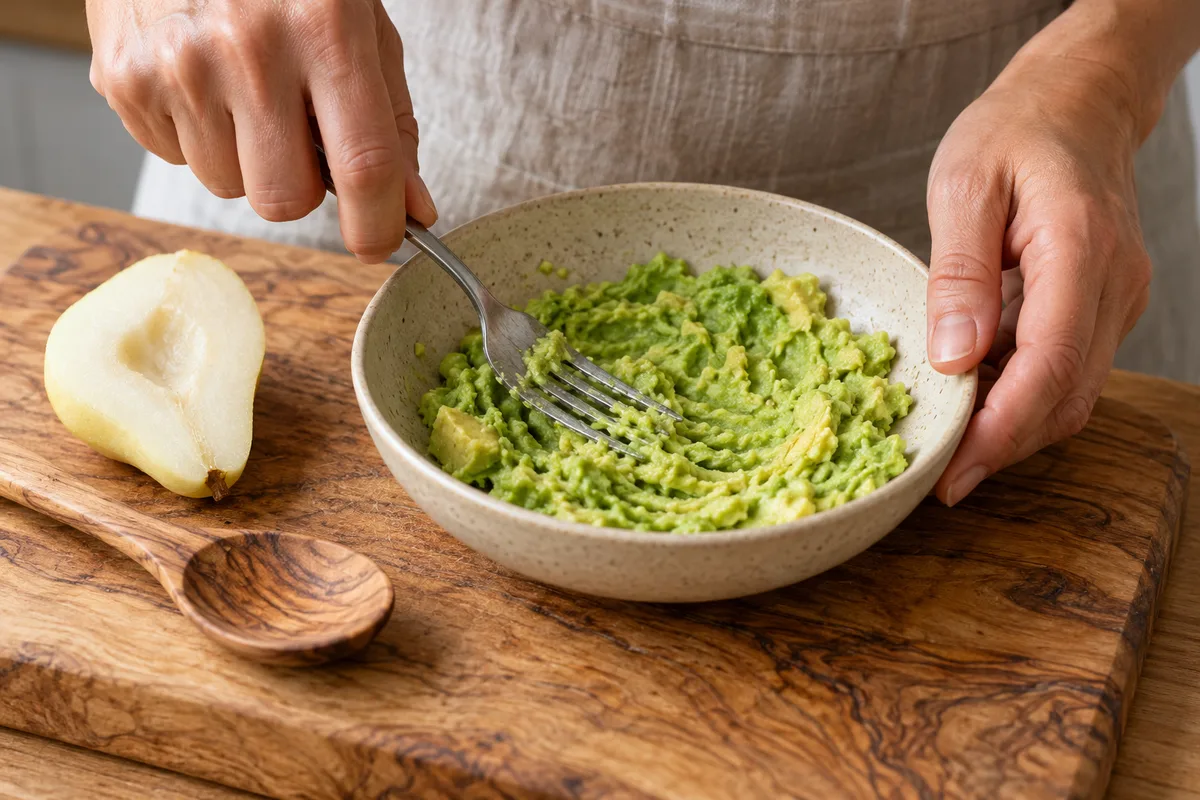 Mains d’adulte qui écrasent un avocat à la fourchette dans une assiette creuse en grès
