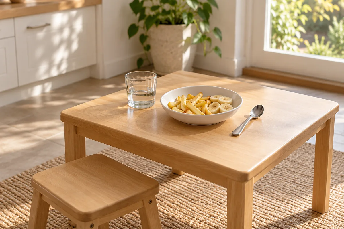 Petite table de sevrage en bois clair avec un gobelet en verre et une assiette de morceaux cuits
