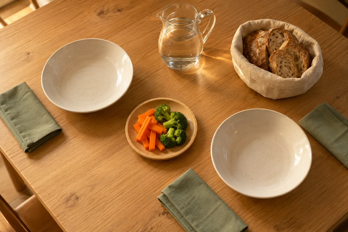 Table familiale dressée pour le dîner, avec une petite assiette d’enfant garnie de légumes
