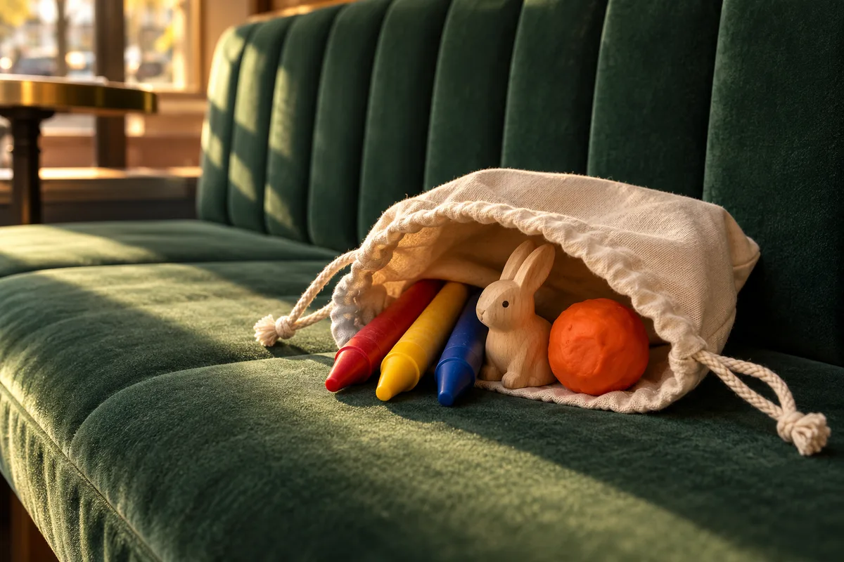 Petit sac en coton ouvert sur une banquette de café, avec des crayons de cire et un lapin en bois