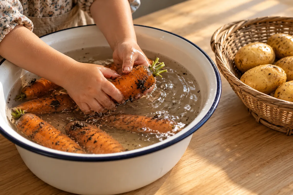 Petites mains d’enfant qui lavent une carotte dans une bassine d’eau claire