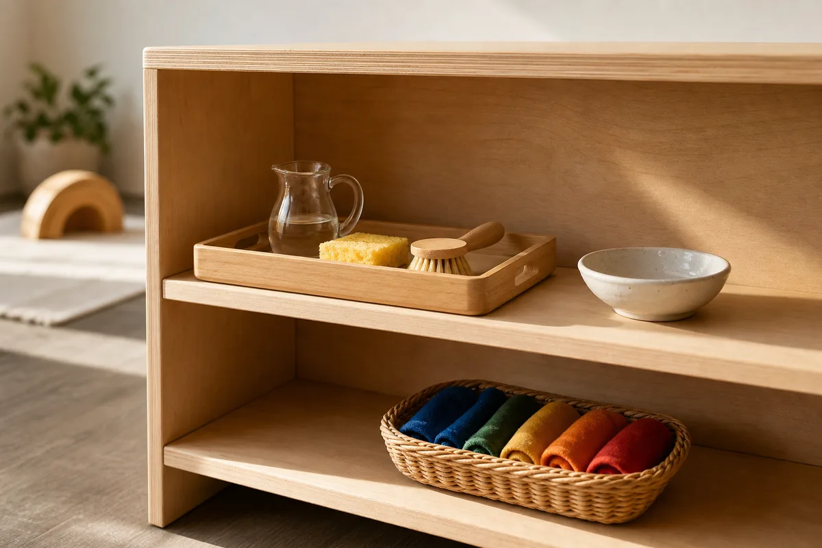 Étagère basse d’inspiration Montessori portant un plateau, un petit pichet et une brosse en bois à hauteur d’enfant