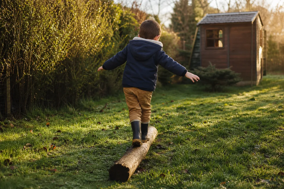 Enfant jouant dehors dans un jardin, franchissant en équilibre un rondin de bois posé sur l’herbe
