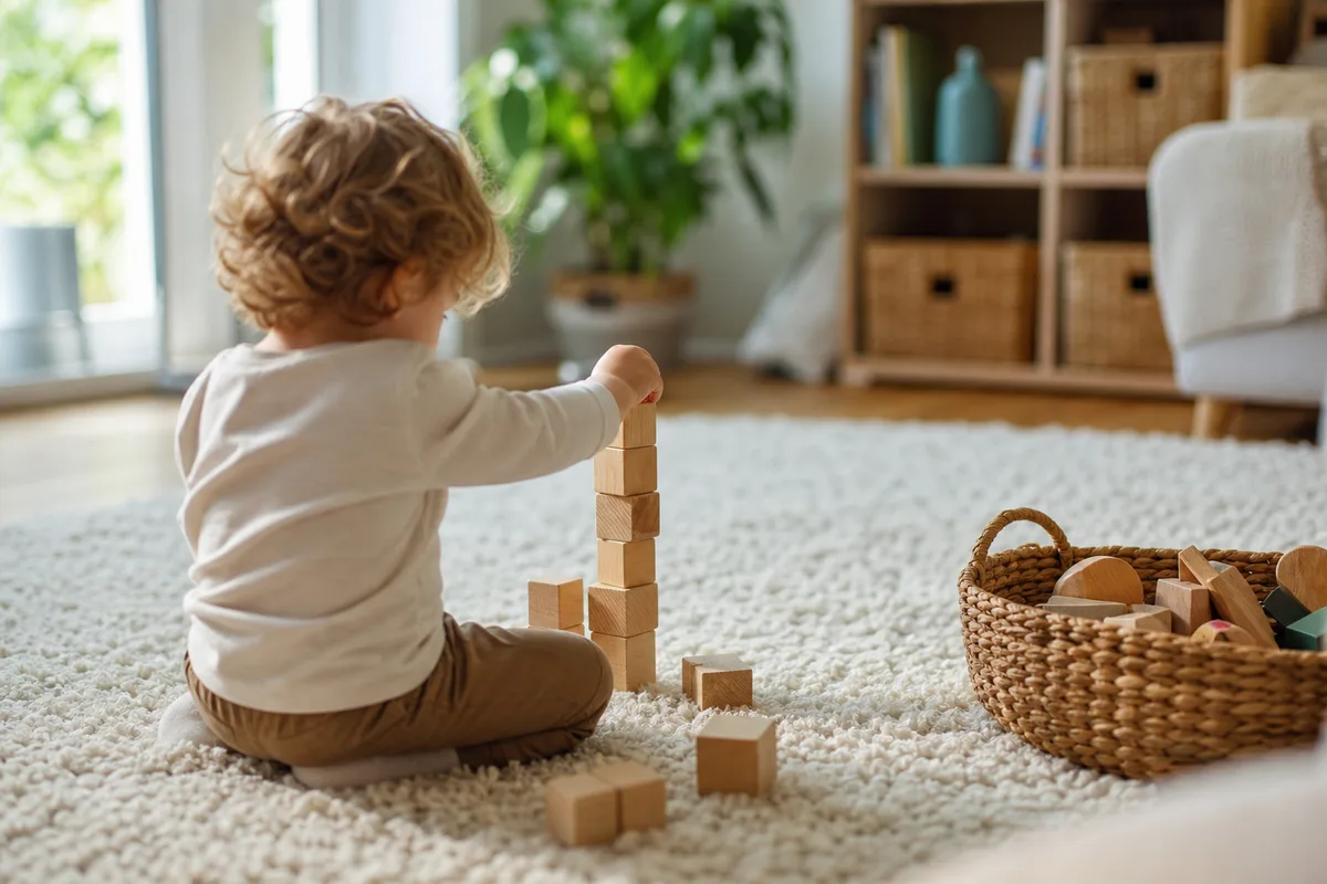 Jeune enfant absorbé dans un jeu libre avec des cubes en bois posés sur un tapis clair