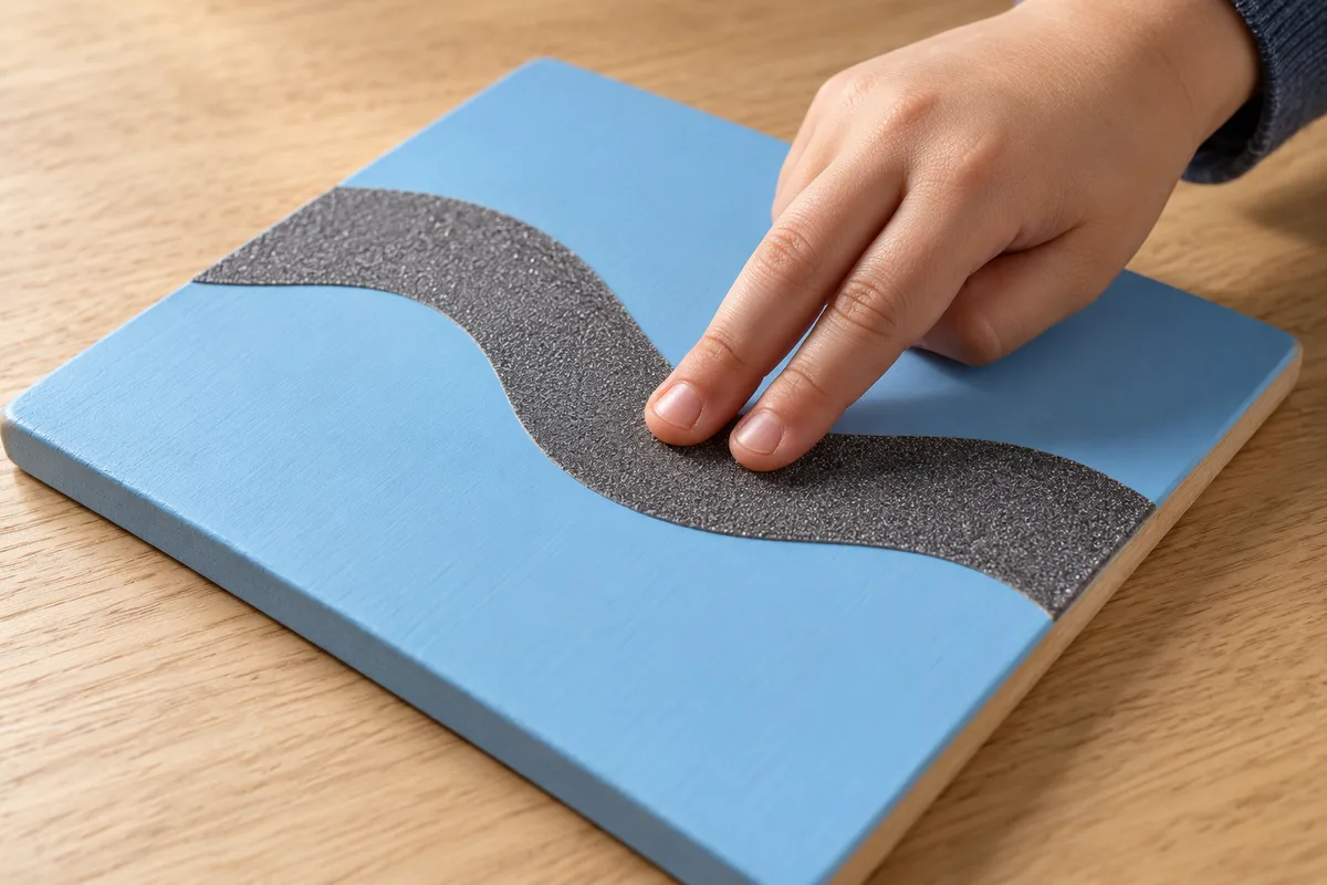 Index et majeur d&rsquo;un enfant glissant sur une bande ondulée de papier de verre collée sur une planchette bleu ciel