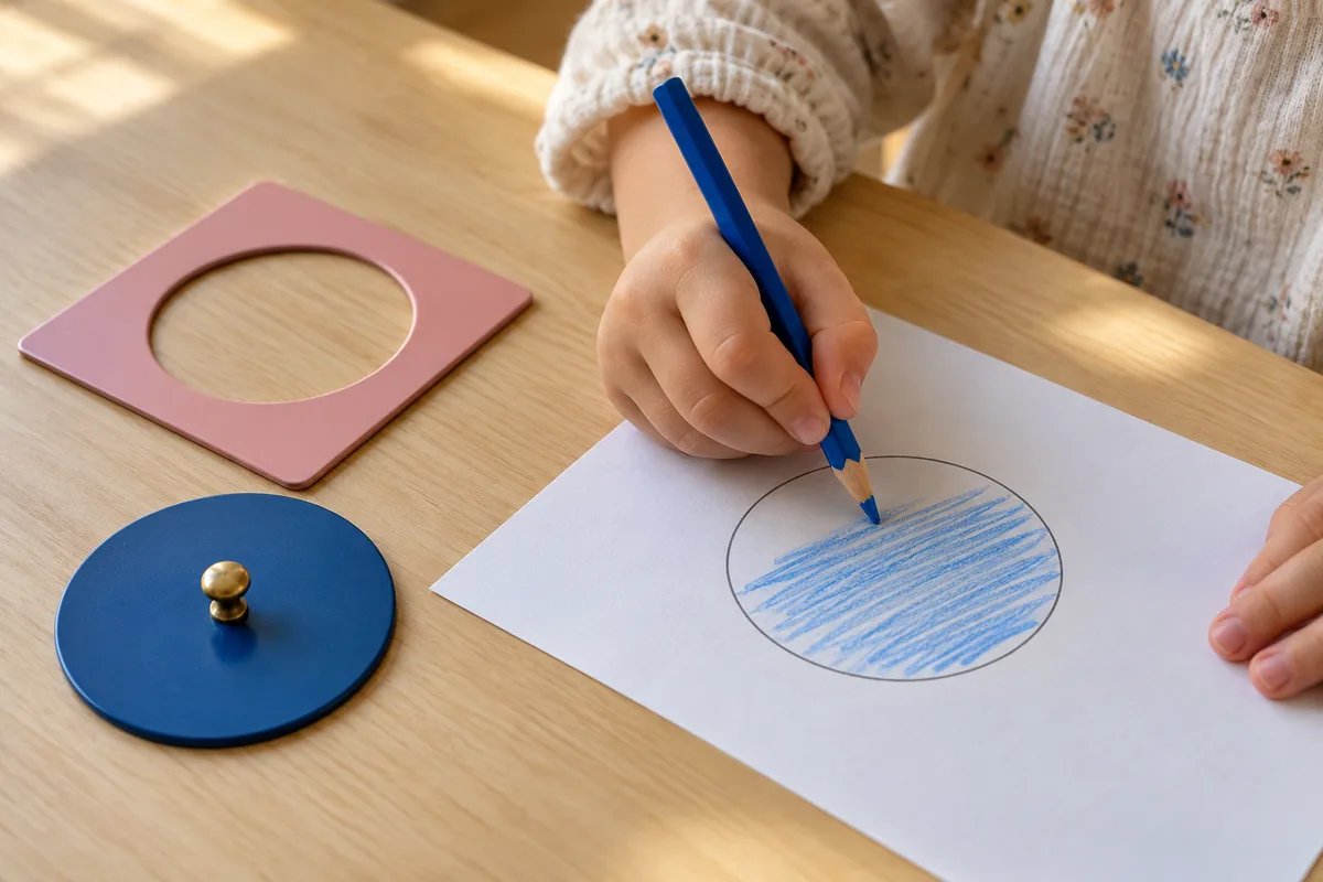 Petite main tenant un crayon bleu qui remplit de traits parallèles une forme ronde, près d&rsquo;encastrements en métal