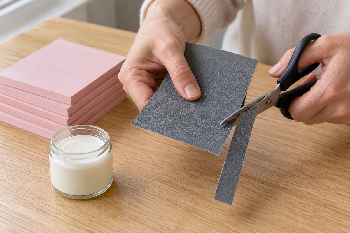 Mains d&rsquo;adulte découpant une bande de papier de verre gris près d&rsquo;une pile de planchettes roses et d&rsquo;un pot de colle