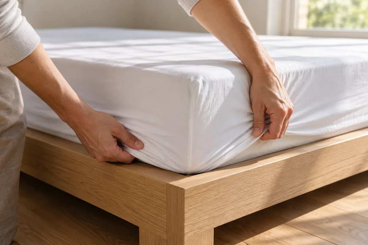 Mains d&rsquo;adulte qui ajustent un drap housse blanc sur l&rsquo;angle d&rsquo;un matelas posé dans un cadre de lit bas en bois