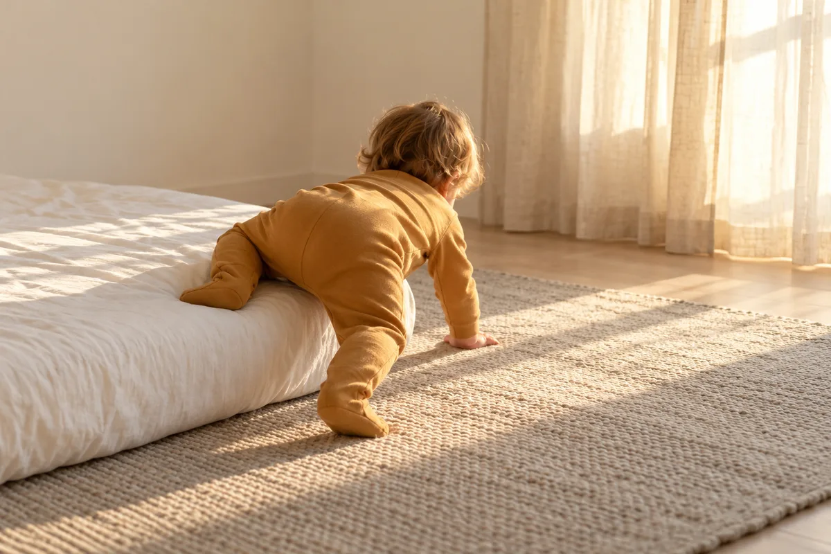 Tout-petit vu de dos qui descend à quatre pattes d&rsquo;un matelas bas vers un tapis tissé