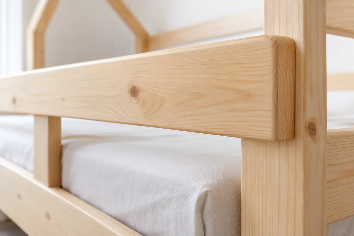 Barrière en pin massif clair d&rsquo;un lit cabane au-dessus d&rsquo;un matelas drapé de blanc cassé