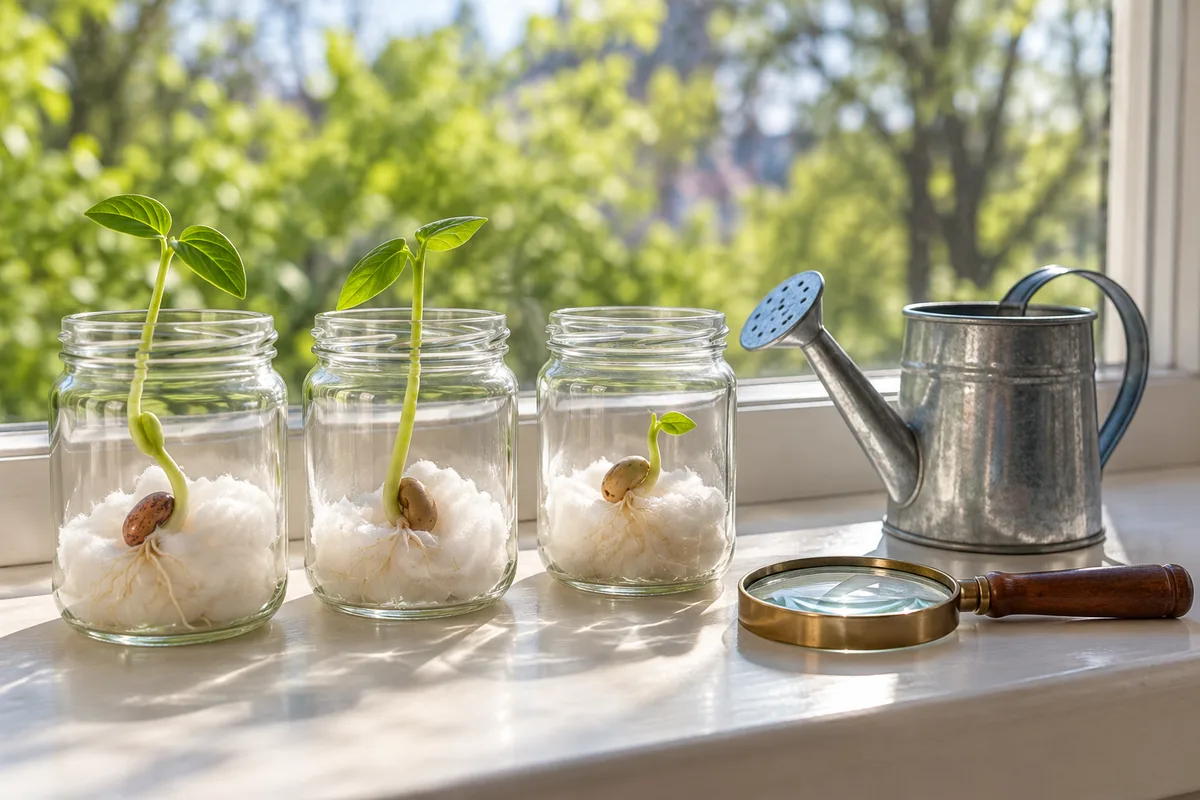 Haricots en germination dans des pots en verre sur le rebord d’une fenêtre de classe