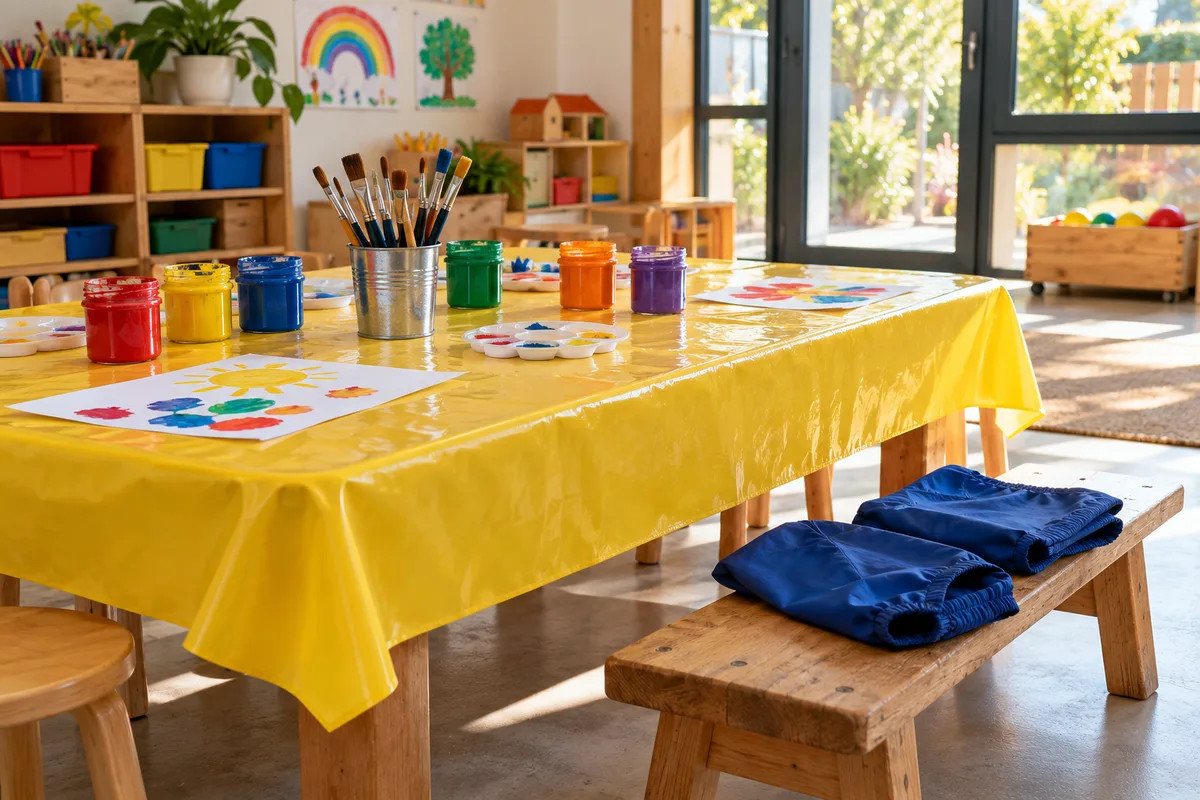 Table d’atelier peinture préparée dans la salle d’un centre de loisirs