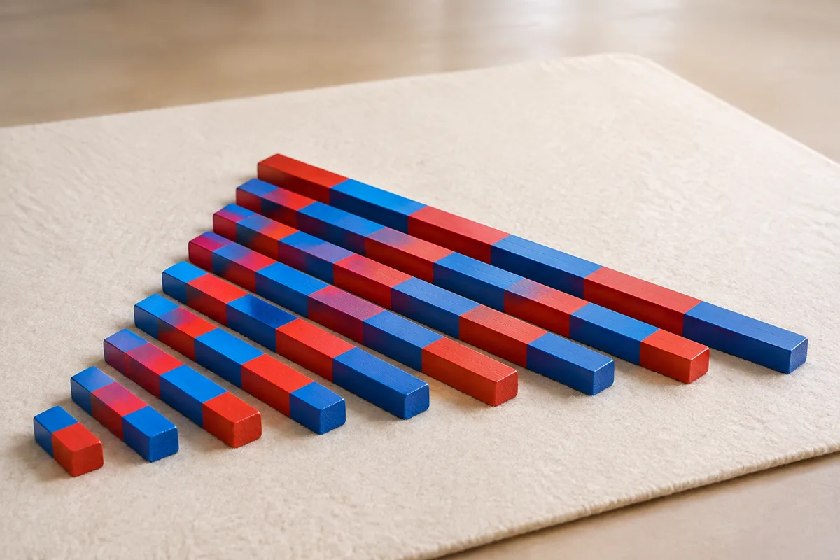 Barres numériques rouges et bleues alignées par longueur croissante sur un tapis clair