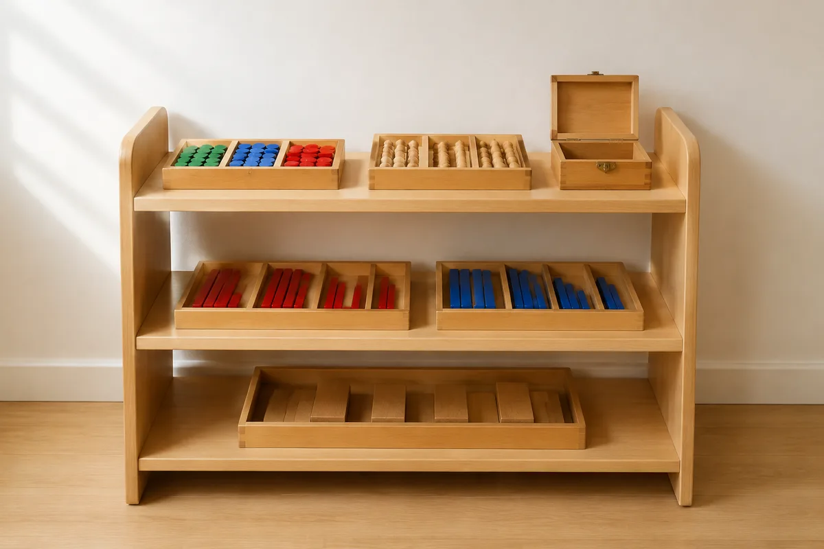 Étagère basse en bois portant du matériel de mathématiques Montessori, lumière naturelle latérale