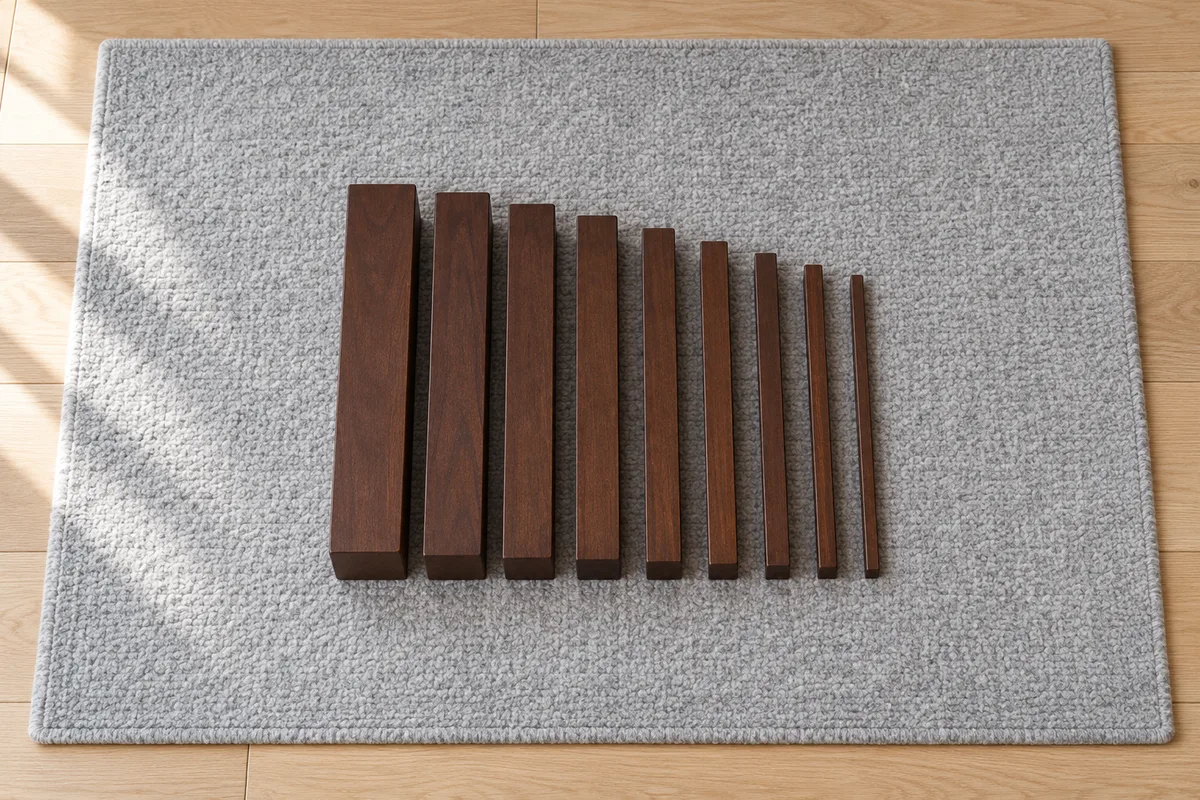 Escalier marron Montessori : dix prismes en bois brun alignés du plus épais au plus mince sur un tapis gris perle