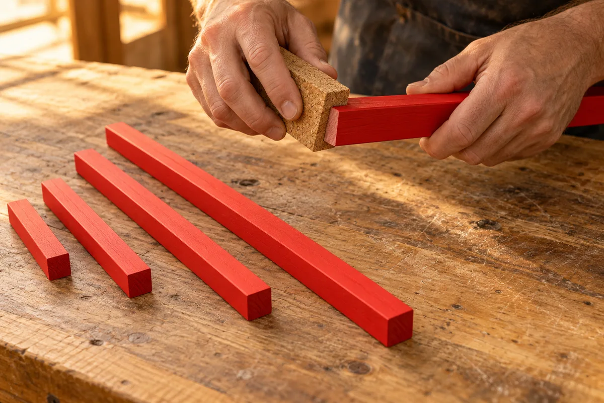 Mains d&rsquo;adulte qui poncent un tasseau peint en rouge sur un établi, près d&rsquo;autres tasseaux rouges de longueurs croissantes