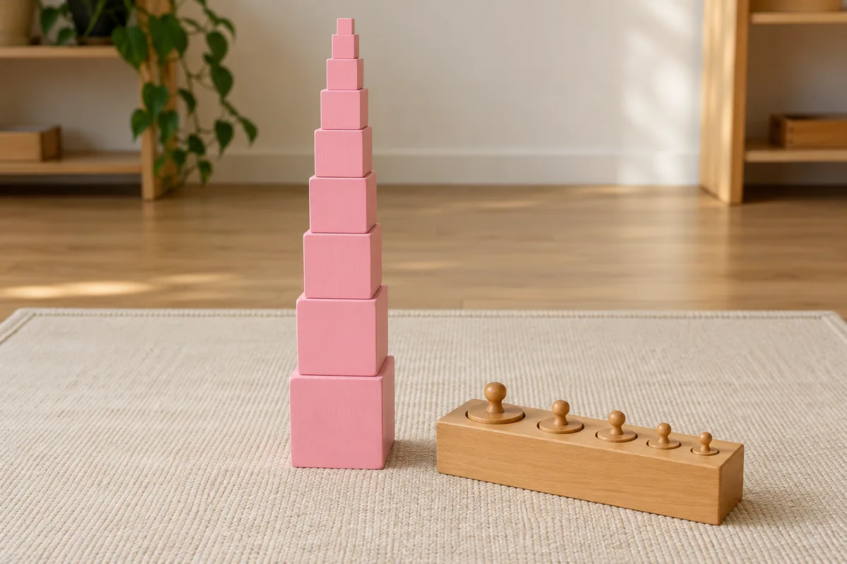 Matériel sensoriel Montessori : tour rose et cylindres