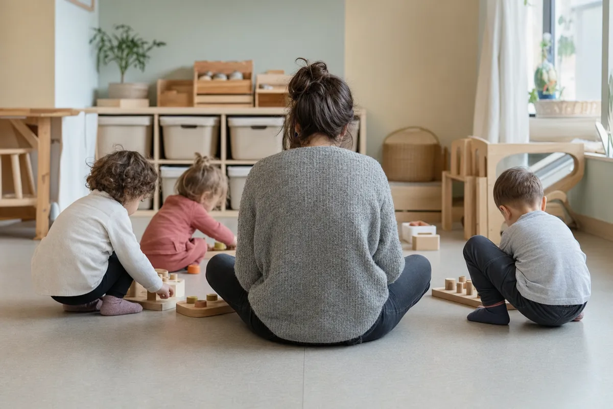 Éducatrice de jeunes enfants accompagnant un groupe d&rsquo;enfants dans une salle d&rsquo;activité de crèche municipale