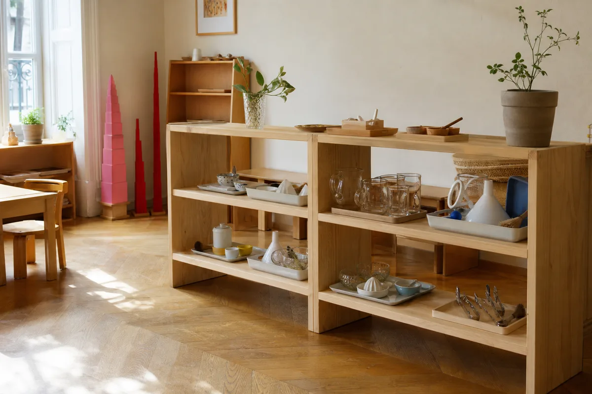 Matériel Montessori de vie pratique disposé sur des étagères basses dans une ambiance 3-6 ans