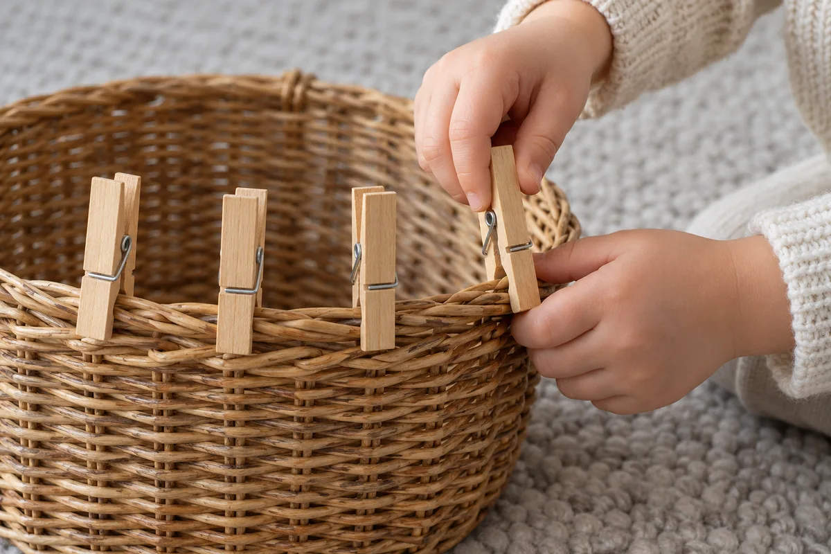 Petites mains d’enfant qui accrochent des pinces à linge en bois sur le rebord d’un panier en osier