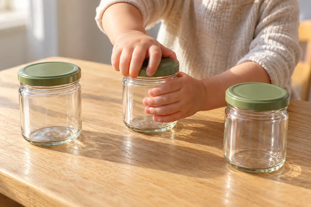 Petites mains d’enfant qui vissent le couvercle d’un bocal en verre sur une table basse en bois clair