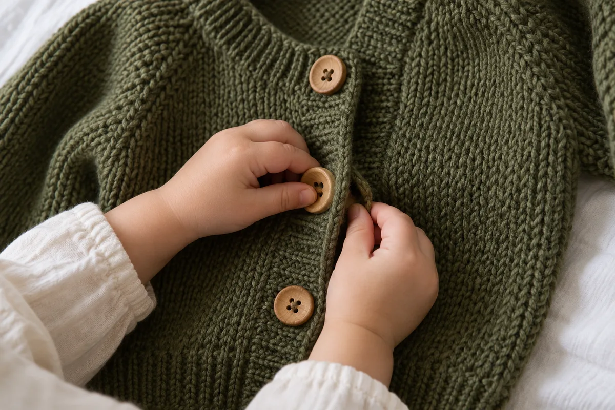 Petites mains d’enfant qui glissent un gros bouton en bois dans la boutonnière d’un gilet en laine posé à plat