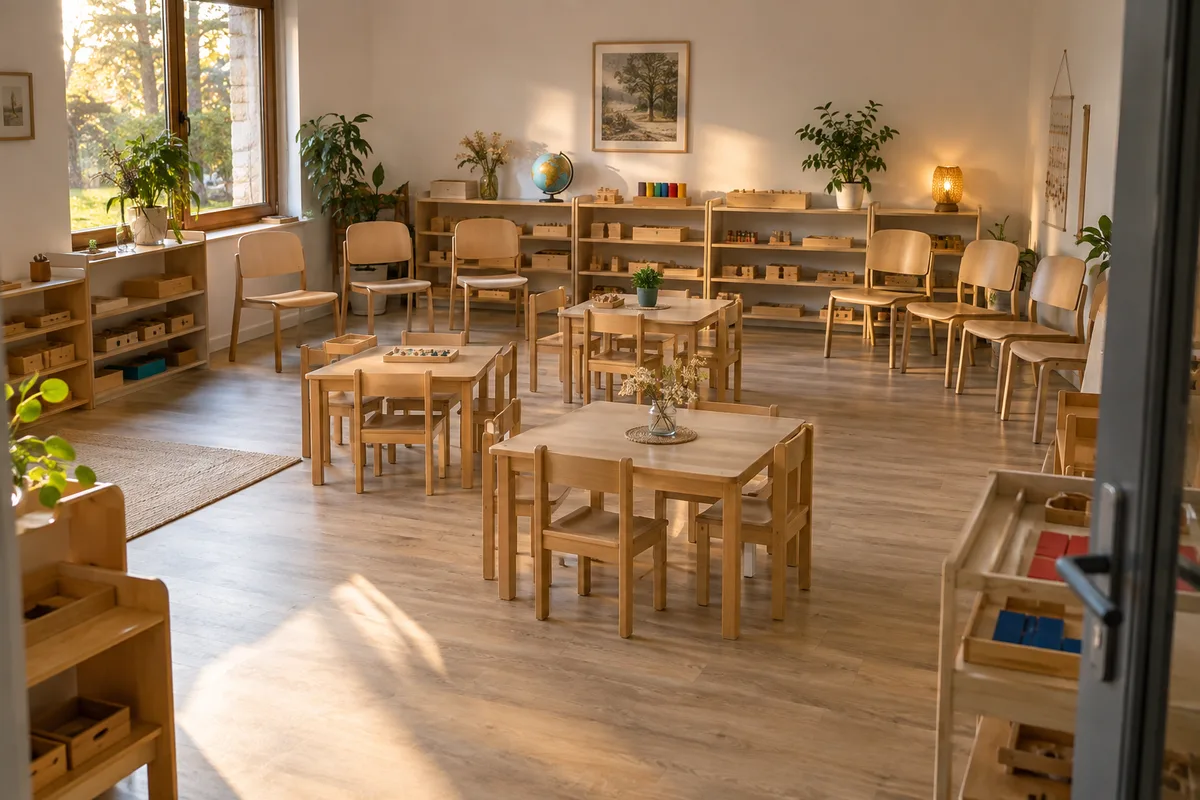 Petites chaises et tables en bois disposées en cercle pour une réunion de parents dans une ambiance Montessori lumineuse