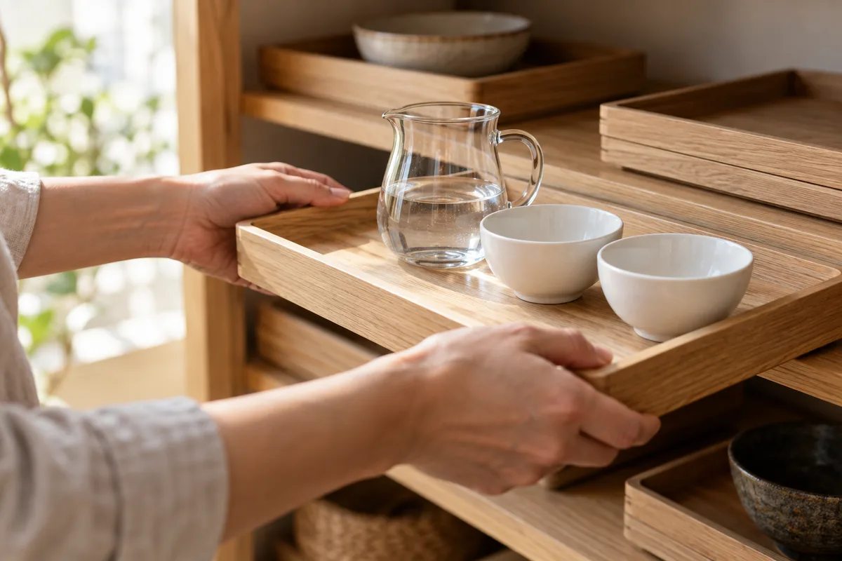 Mains d&rsquo;une éducatrice déposant un plateau de matériel Montessori en bois sur une étagère basse