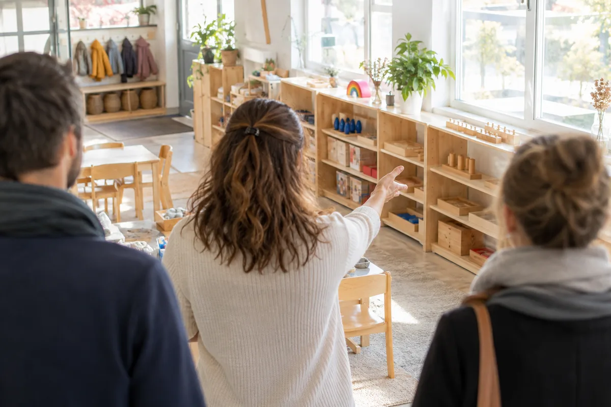 Éducatrice vue de dos présentant une ambiance Montessori à des parents, près d&rsquo;étagères basses en bois