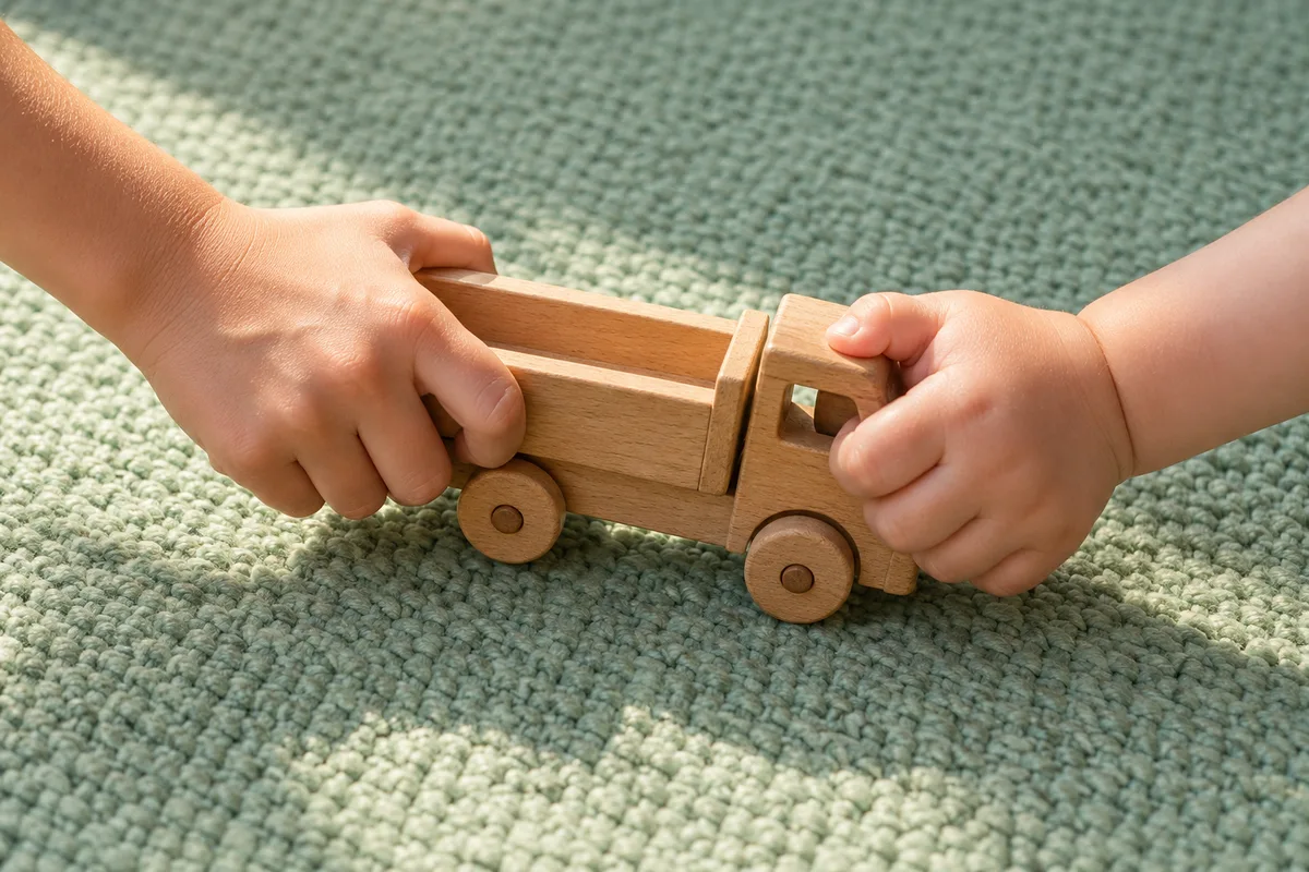 Deux mains d’enfants de tailles différentes qui se disputent un petit camion en bois