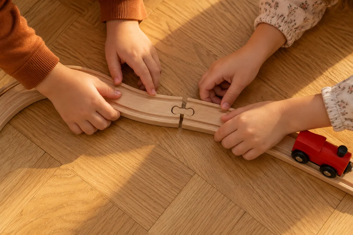 Deux paires de petites mains qui assemblent ensemble les rails d’un circuit de train en bois