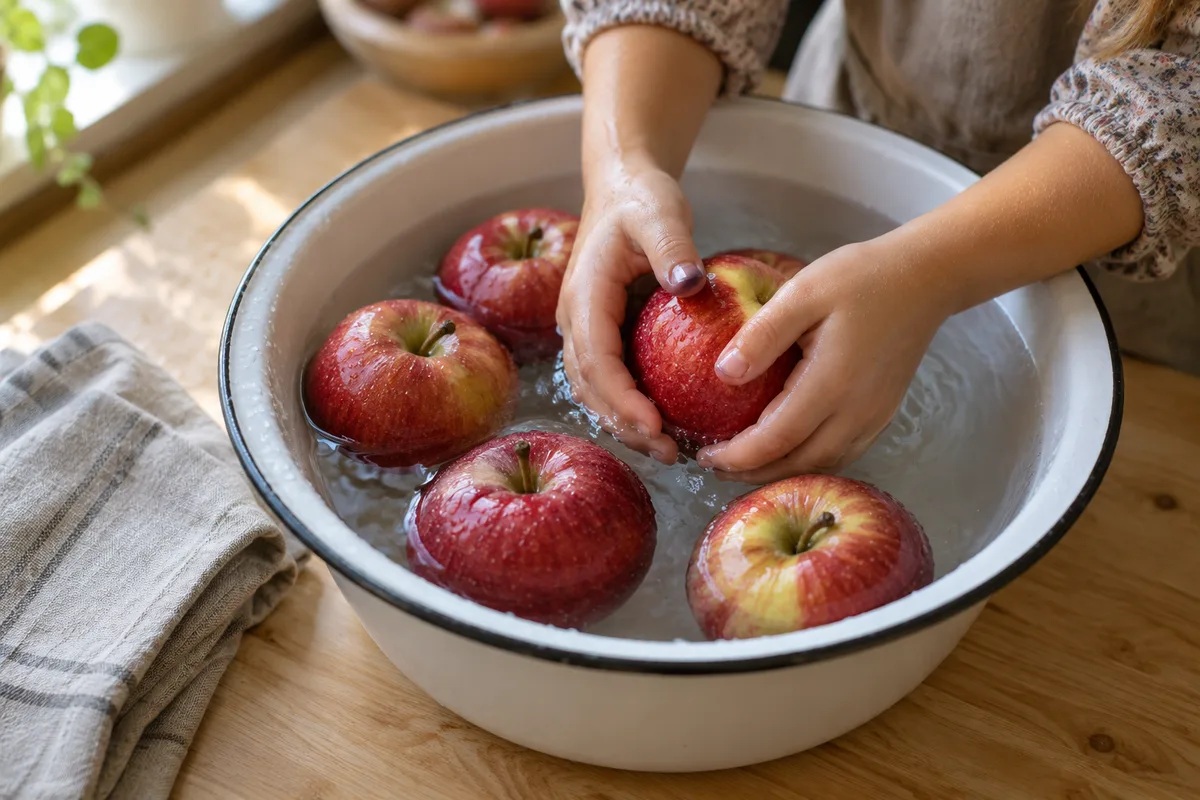 Mains d&rsquo;enfant qui lavent des pommes dans une bassine en métal émaillé posée sur un plan de travail