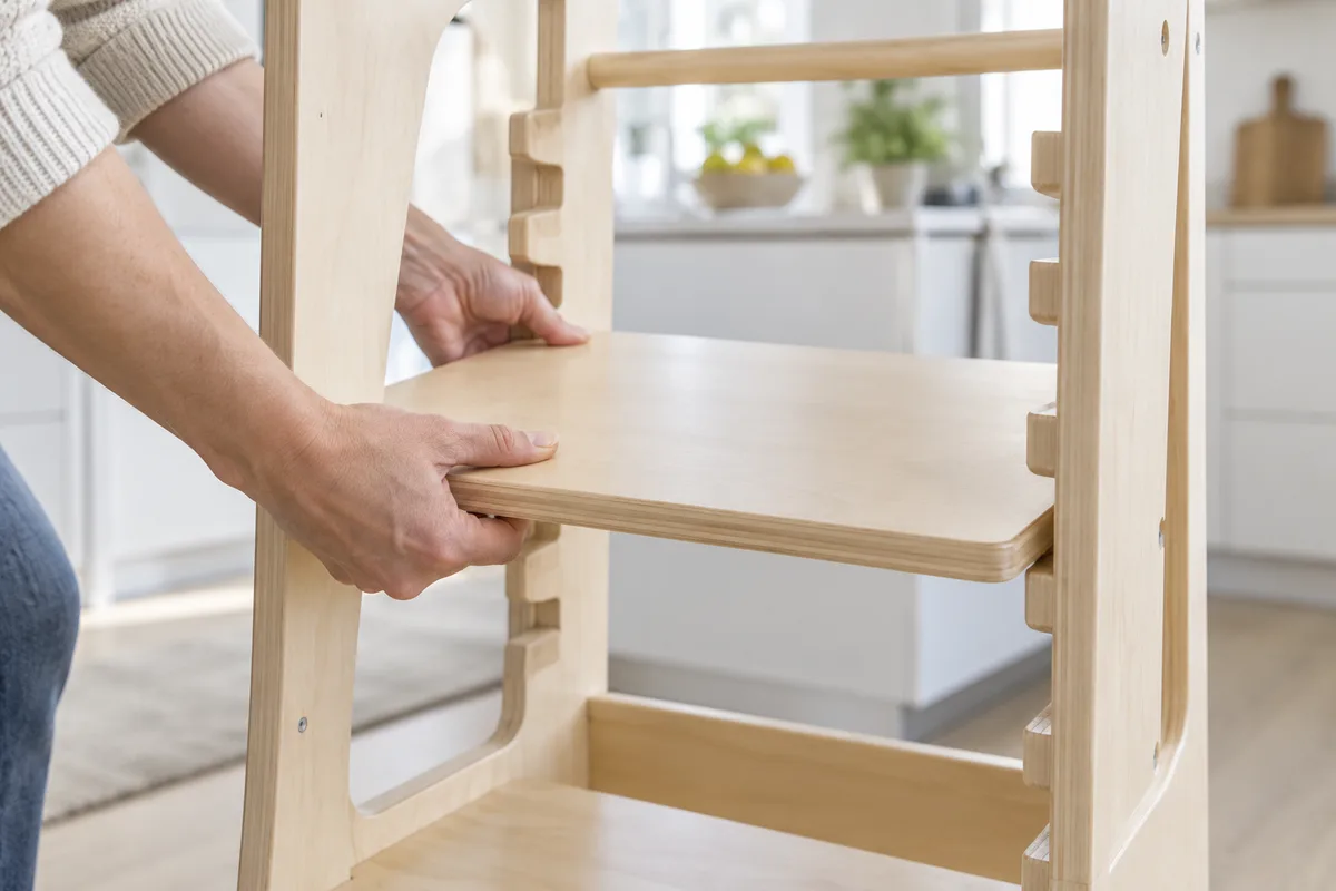 Mains d&rsquo;adulte qui règlent la hauteur de la plateforme d&rsquo;une tour d&rsquo;observation en bois