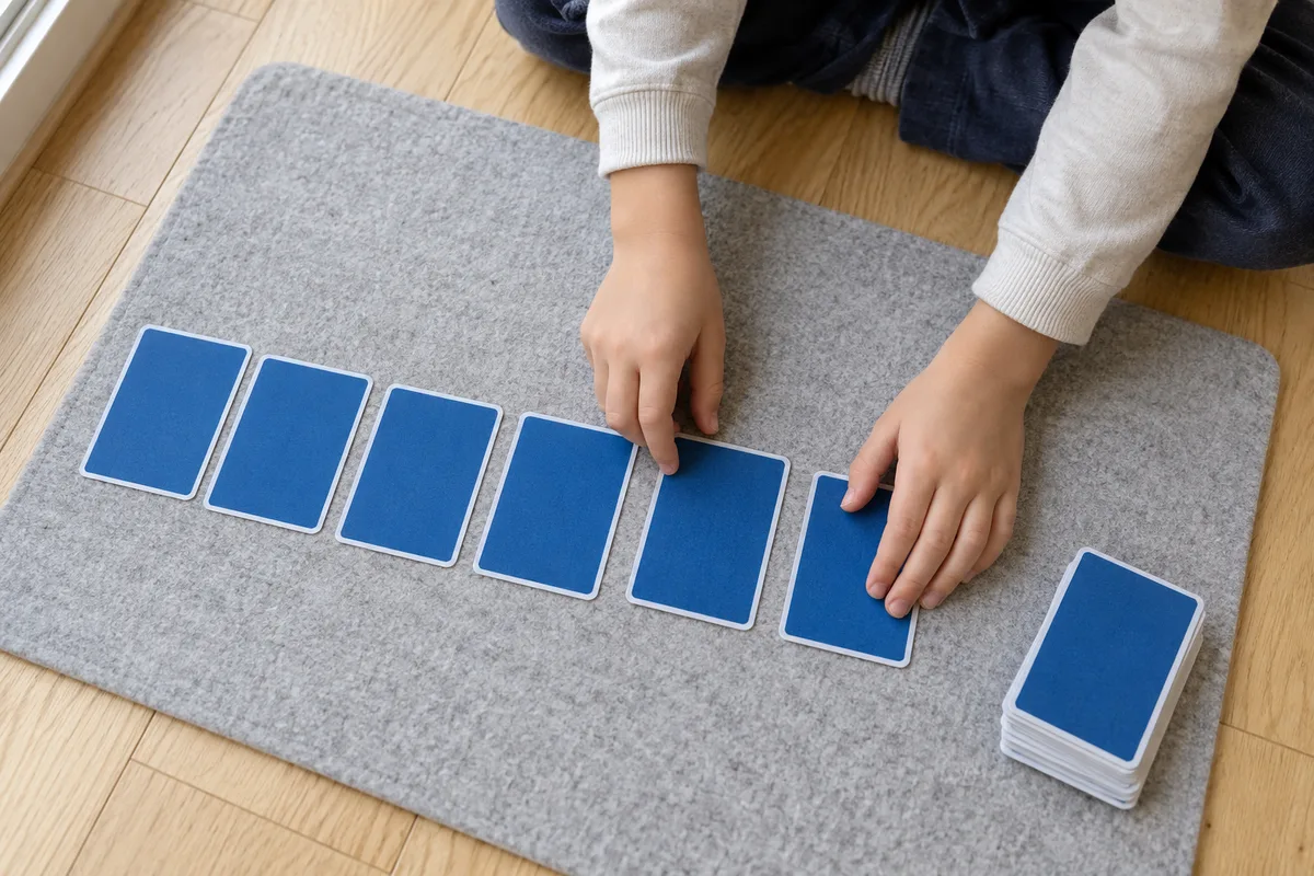 Mains d’enfant qui alignent des cartes à collectionner au dos bleu uni sur un tapis de travail en feutre