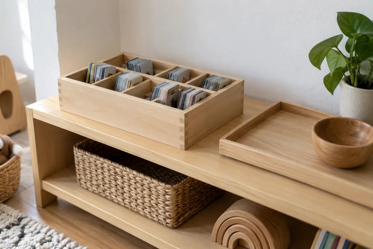 Boîte en bois à compartiments sur une étagère basse, cartes à collectionner rangées debout et vues par la tranche