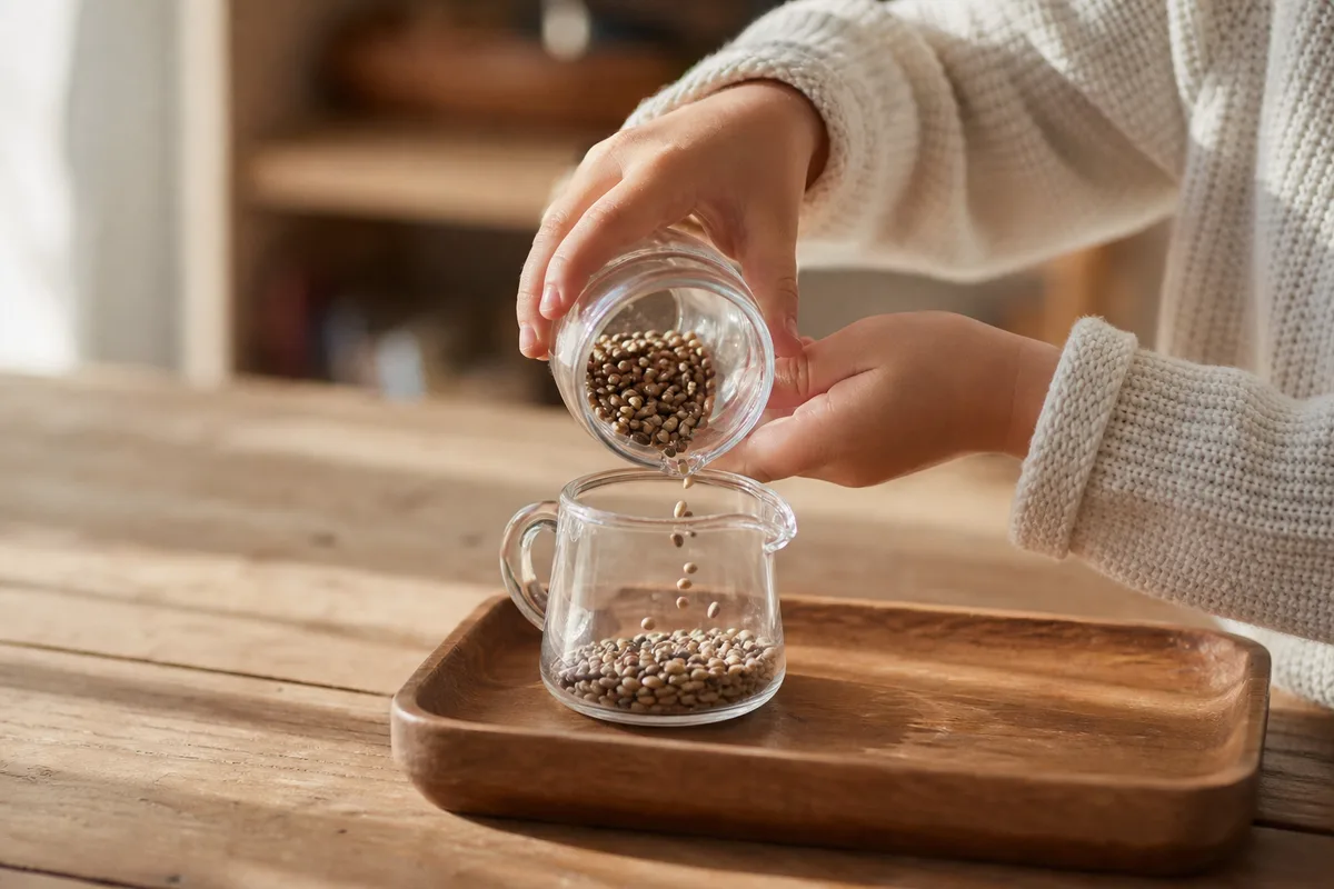 Petites mains d’enfant transvasant des graines entre deux pichets en verre sur un plateau en bois