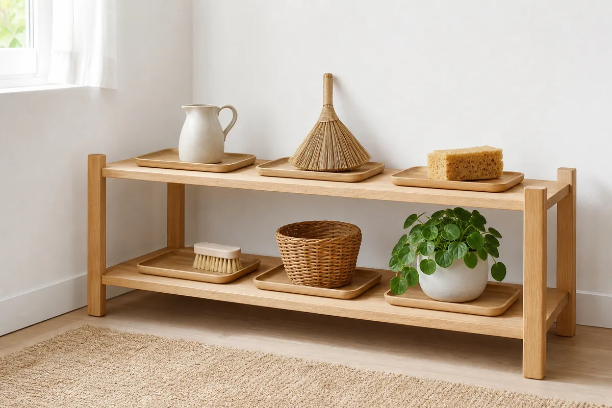 Coin vie pratique dans une pièce claire, étagère basse en bois avec plateaux, pichets et éponges rangés